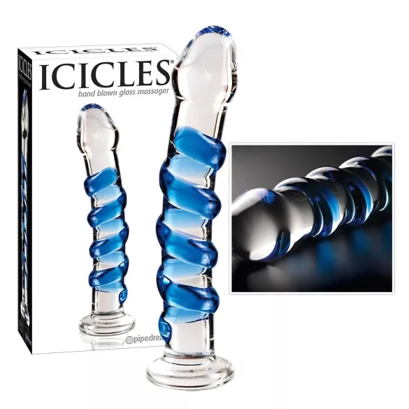 Icicles No. 5 - stakleni dildo spiralni oblik - prozirno/plavo