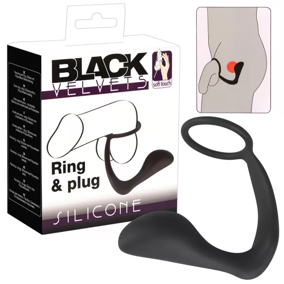 Black Velvets - analni čep s penis prstenom - crni