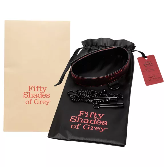 Fifty Shades of Grey - ovratnik i štipaljke za bradavice - crno-crvene