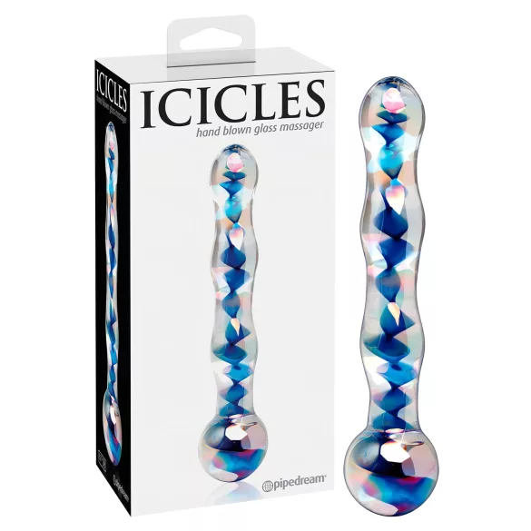 Icicles No. 08 - stakleni dildо s valovitim dizajnom, dvostrani - prozirno-plavi