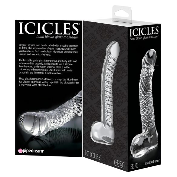 Icicles No. 61 - stakleni dildo s testisima i penisom - prozirni