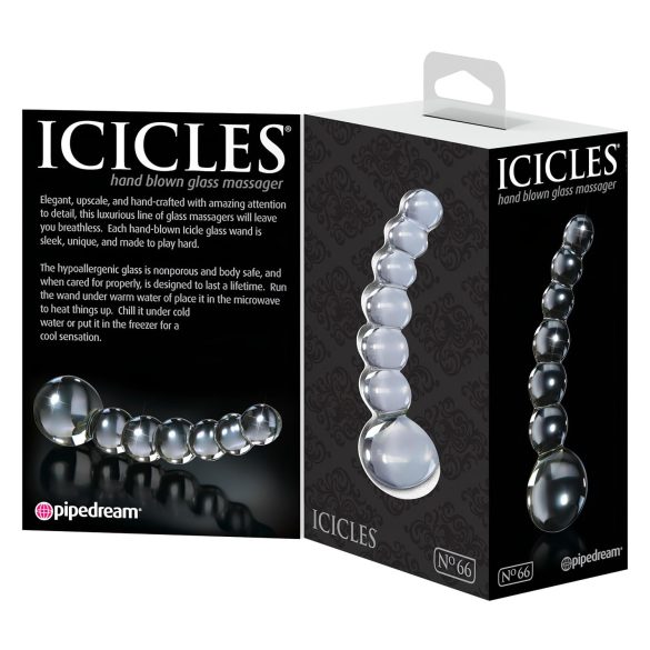 Icicles No. 66 - stakleni dildo zakrivljen s kuglicama - prozirno