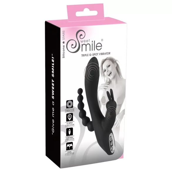 SMILE - vibratorski masažer s 3 nastavka - vodootporan, punjiv - crni