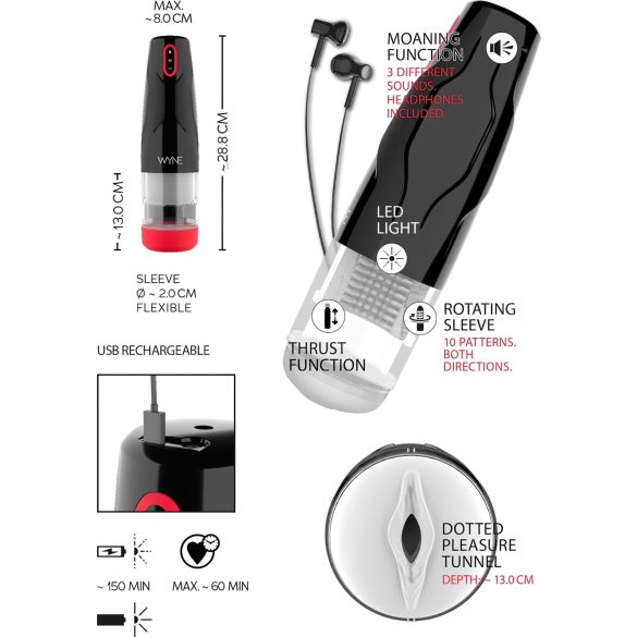 WYNE 05 - automatski masturbator na punjenje - rotirajući - crno-bijeli