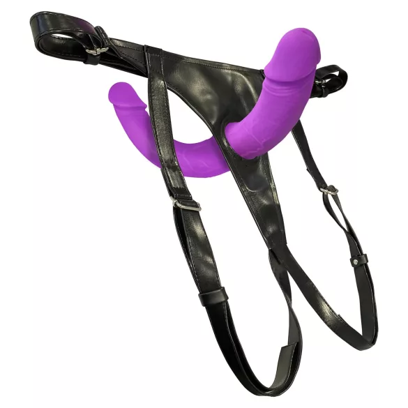SMILE - dupli strap-on dildo s gaćicama - ljubičasto-crni