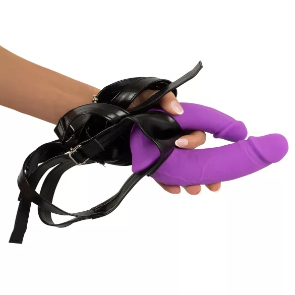 SMILE - dupli strap-on dildo s gaćicama - ljubičasto-crni