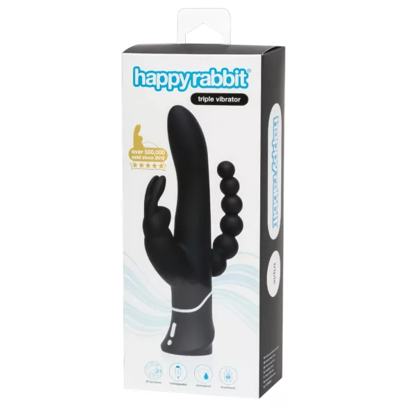 Happyrabbit Triple - vibrator s nastavkom za klitoris i anal - crni - punjivi