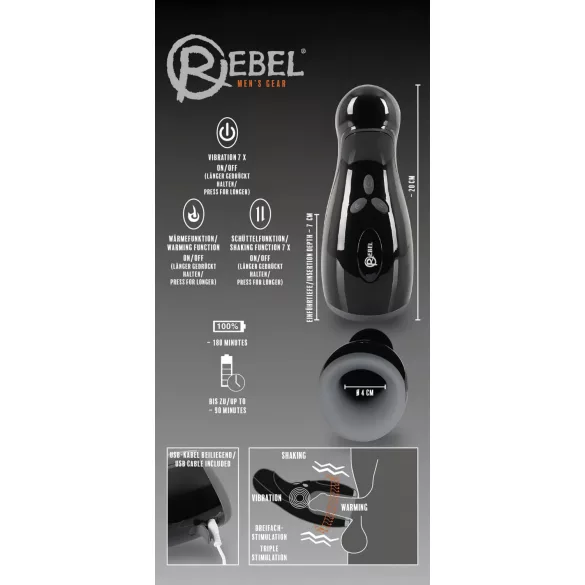 Rebel - muški masturbator s grijanjem i vibracijom - crna boja