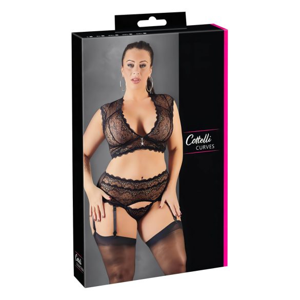 Cottelli Plus Size - set crnog čipkastog donjeg rublja s kristalima