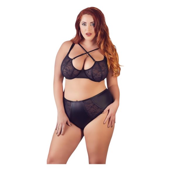 Cottelli Plus Size - grudnjak s križnim trakama i gaćice (crne) - 85E/L