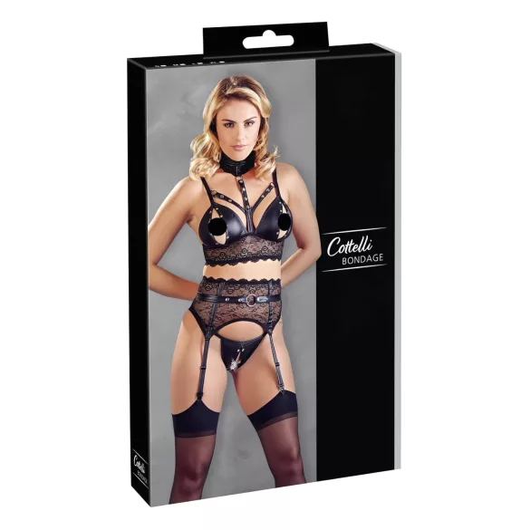 Cottelli Bondage - čipkasti komplet donjeg rublja s lisicama (crni) - L