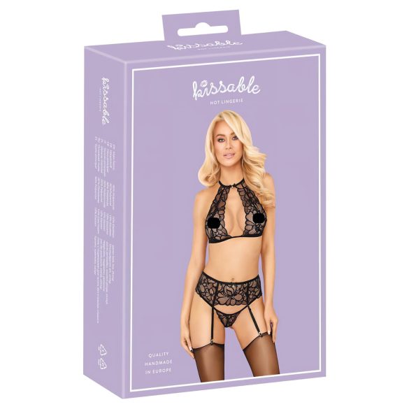 Poljubivi set - čipkasti grudnjak s naramenicama (crni) - L/XL