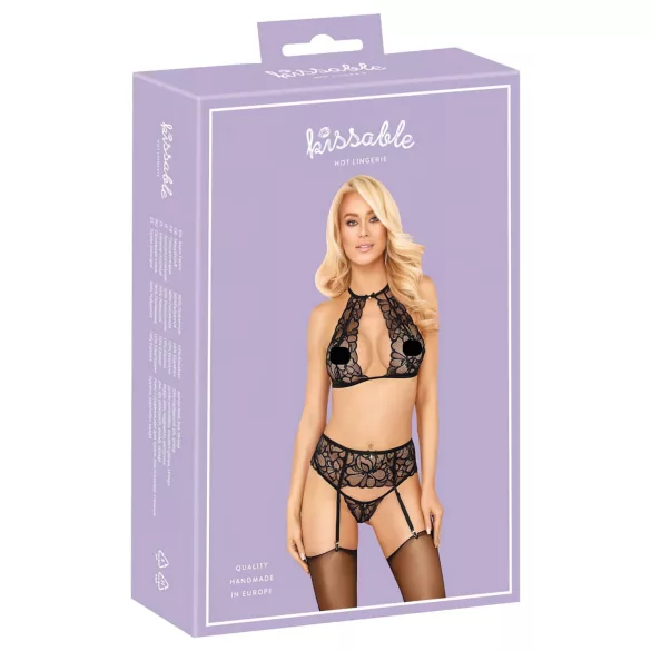 Poljubivi set - čipkasti grudnjak s naramenicama (crni) - L/XL