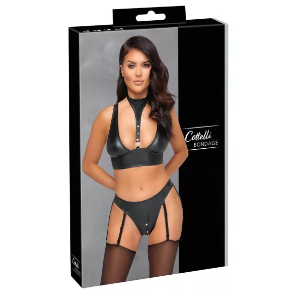 Cottelli Bondage - sjajan grudnjak set s lisicama (crna) - M