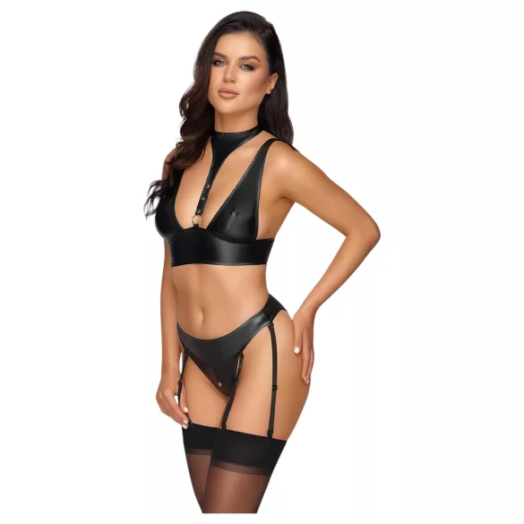 Cottelli Bondage - sjajan grudnjak set s lisicama (crna) - M