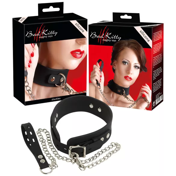 Bad Kitty - silikonska ogrlica s povodcem - crna