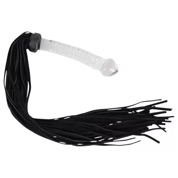 Bad Kitty - bič od kože s dildo od stakla - prozirno-crni