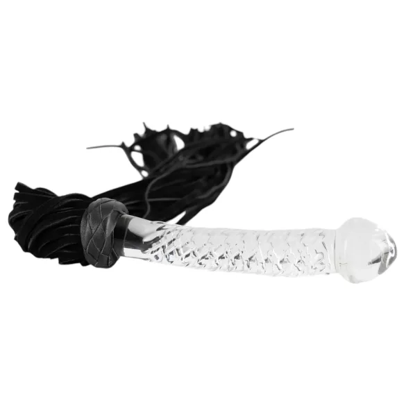 Bad Kitty - bič od kože s dildo od stakla - prozirno-crni