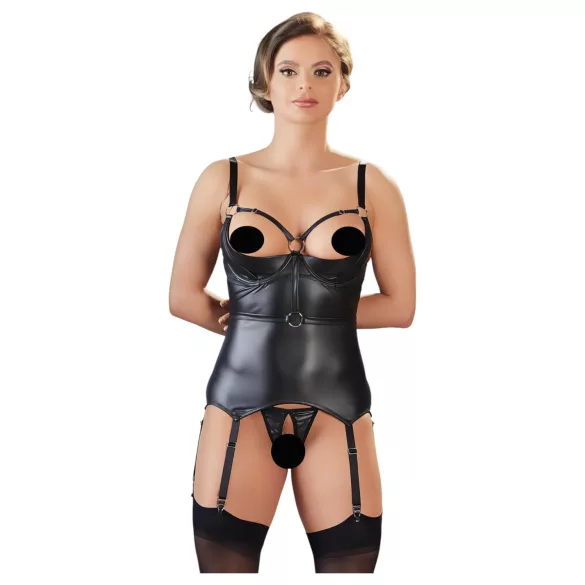 Cottelli Bondage - sjajni, grudnjak s podignutom bustom i vezicama (crni)
