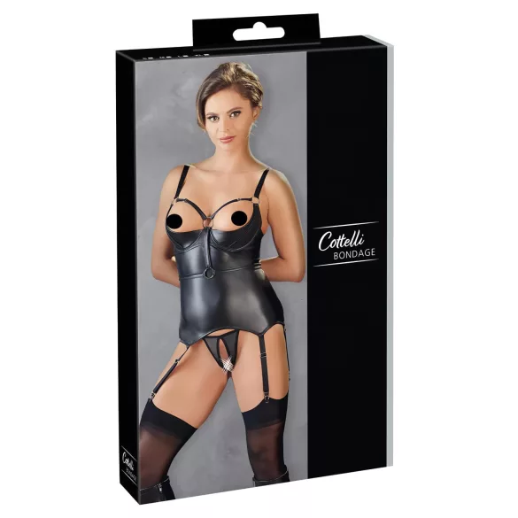 Cottelli Bondage - sjajni, grudnjak s podignutom bustom i vezicama (crni) - XL
