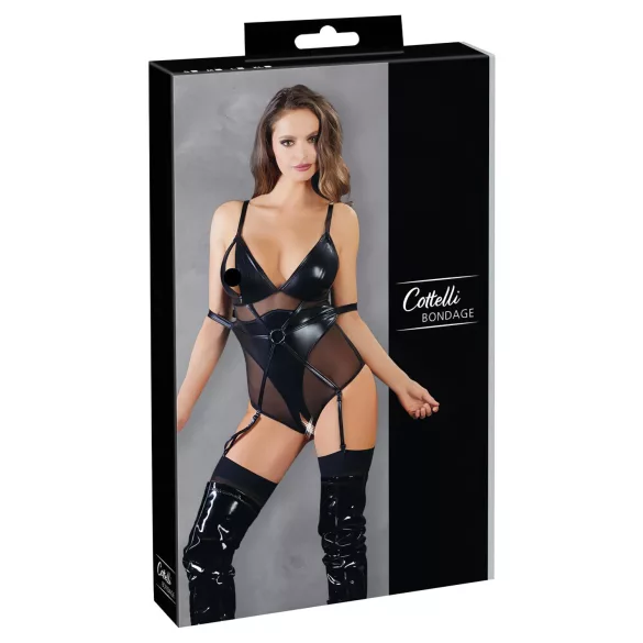 Cottelli Bondage - sjajni bodi s lisicama - crna - M