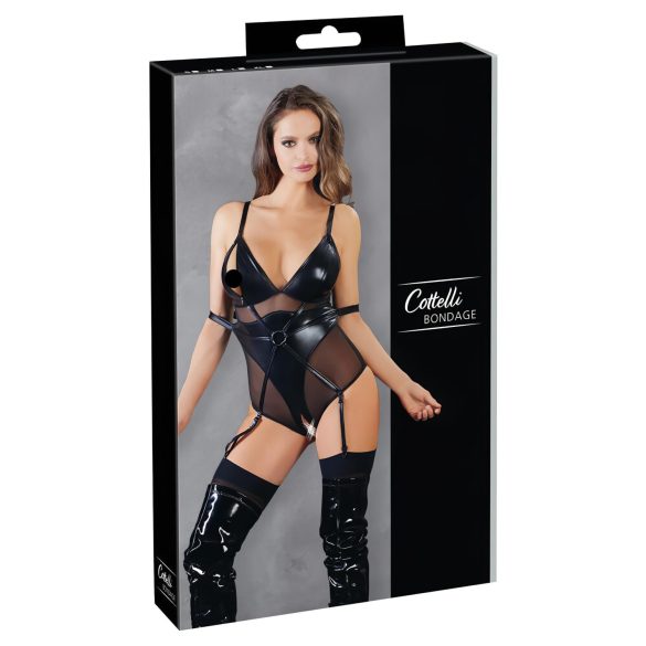 Cottelli Bondage - sjajni body s lisicama (crni) - XL