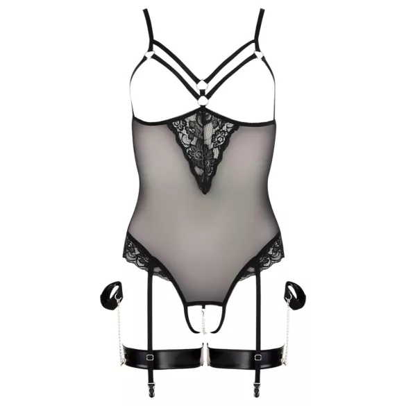 Cottelli Bondage - body s metalnim prstenovima i lisicama za ruke - crna - XL