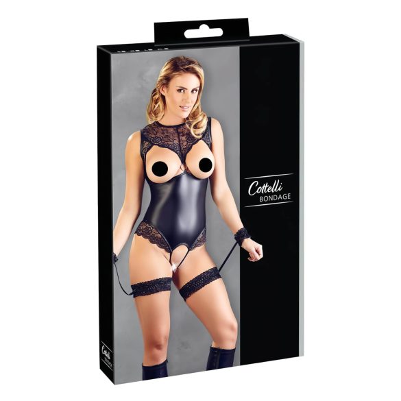 Cottelli Bondage - sjajni otvoreni body i lisice za ruke (crni) - XL