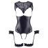 Cottelli Bondage - sjajni otvoreni body i lisice za ruke (crni) - XL