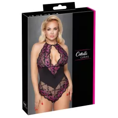   Cottelli Plus Size - čipkasti body s cvjetnim uzorkom - crna/ljubičasta - 2XL