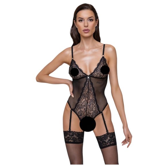 Cottelli - čipkasti otvoreni body s halterima (crni) - M