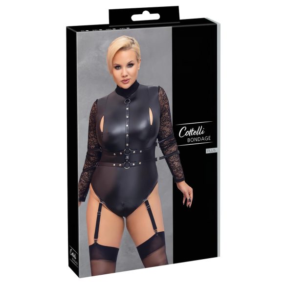 Cottelli Bondage Plus Size - čipkasti body s dugim rukavima (crna) - 3XL