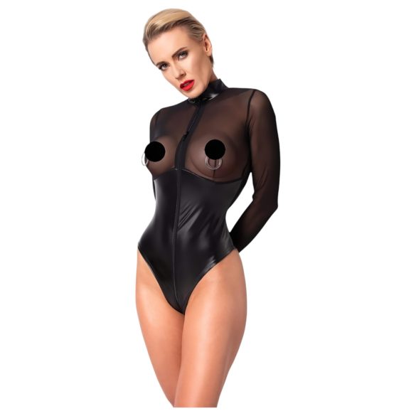 Noir - sjajni body s prozirnim umetkom - crni - XL