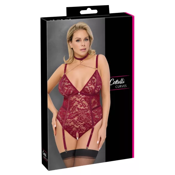 Cottelli Curves - body s čipkom i lancima - crvena - 2XL