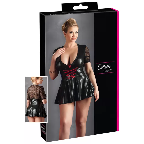 Cottelli Plus Size - sjajna haljina s crvenim korzetom - crna