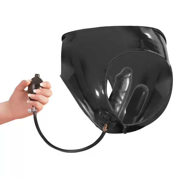 LATEX - ženske gaćice s 2 pumpajuća unutarnja dilda - crne - L