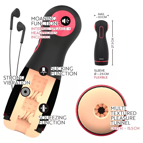 WYNE 06 - masturbator s vibracijom i vakuumom - crni - punjivi
