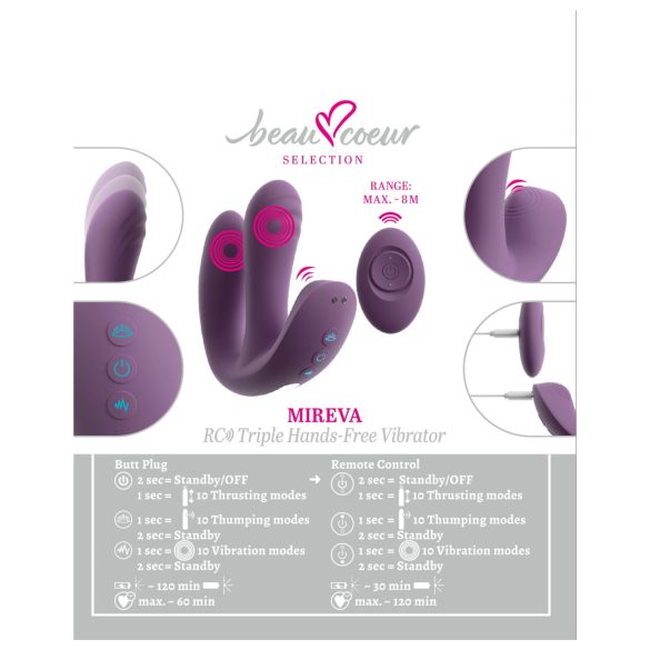 Beau Coeur Mireva - vibrator s tri funkcije - daljinsko upravljanje - ljubičasta