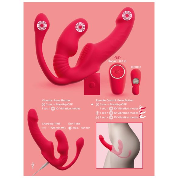 You2Toys Strapless - trostruki vibrirajući dildo bez remena (rozi)