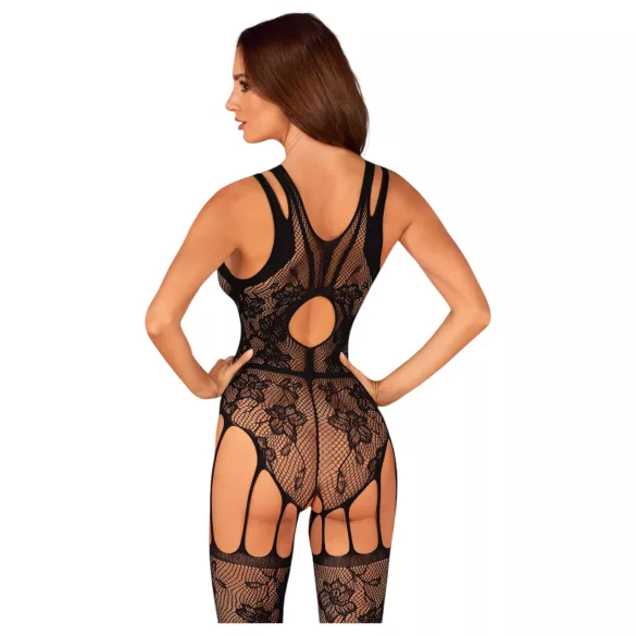 Obsessive - mrežasti bodystocking s otvorom - cvjetni uzorak - crna - S-L
