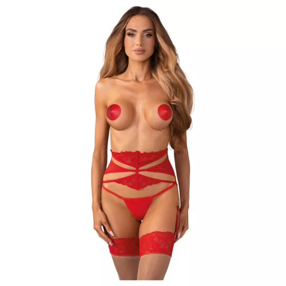 Obsessive - čipkasti pojas za čarape s lancem - crvena - L/XL
