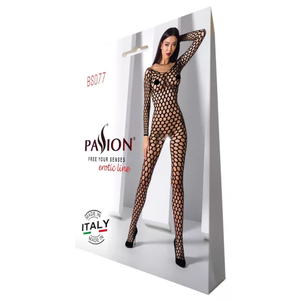 Passion BS077 - mrežasti bodystocking s dugim rukavima - crni - S-L