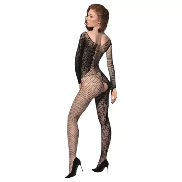 Passion BS107 - mrežasti bodystocking s cvjetnim uzorkom - crna - S-L