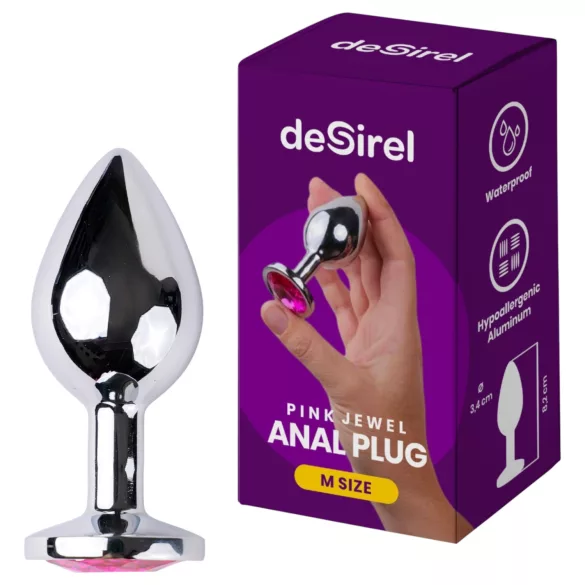 Desirel - analni plug s draguljem - srednji - srebrno-ružičasti