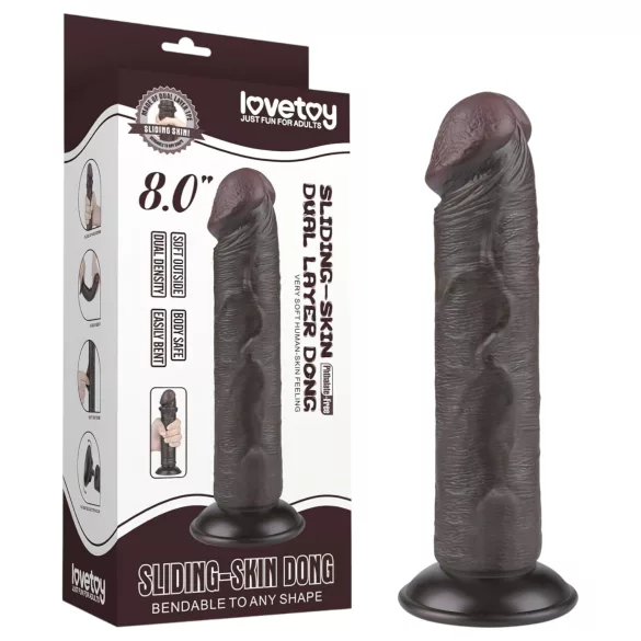 Lovetoy Sliding-Skin - dildo s vakuumskom bazom - dvostruki sloj - 20 cm - smeđa