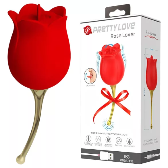 Pretty Love Rose Lover - vibrator za klitoris s jezičkom 2u1 - silikon crveni