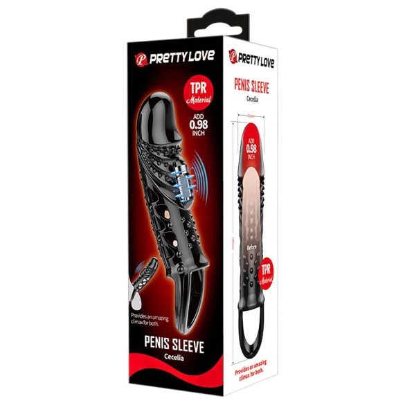 Pretty Love Cecelia - penis rukav s prstenom i vibracijom - silikon crni