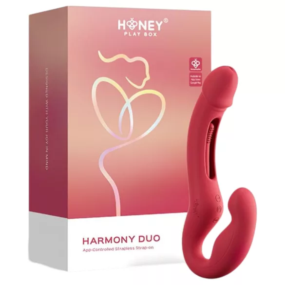 Honey Play Box Harmony Duo - Aplikacijom upravljivi strap-on vibrator s jezičkom (crveni)
