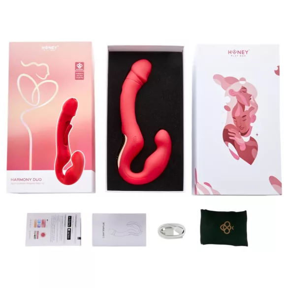 Honey Play Box Harmony Duo - Aplikacijom upravljivi strap-on vibrator s jezičkom (crveni)