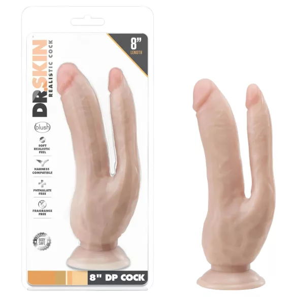 Dr. Skin 8 - dupla dildo s vakuumskim postoljem - natur